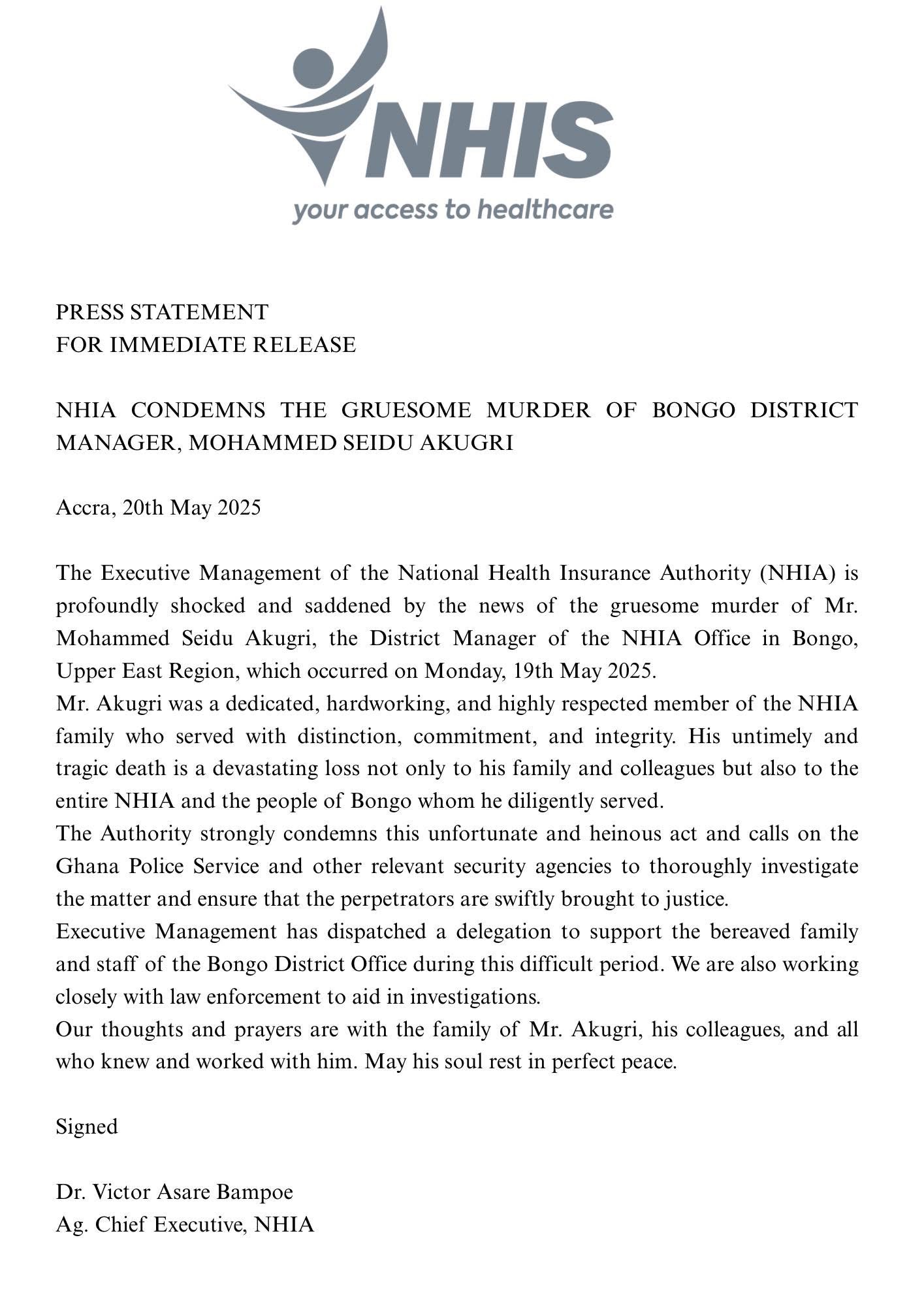 Statement by NHIA about murder of Seidu Akugri